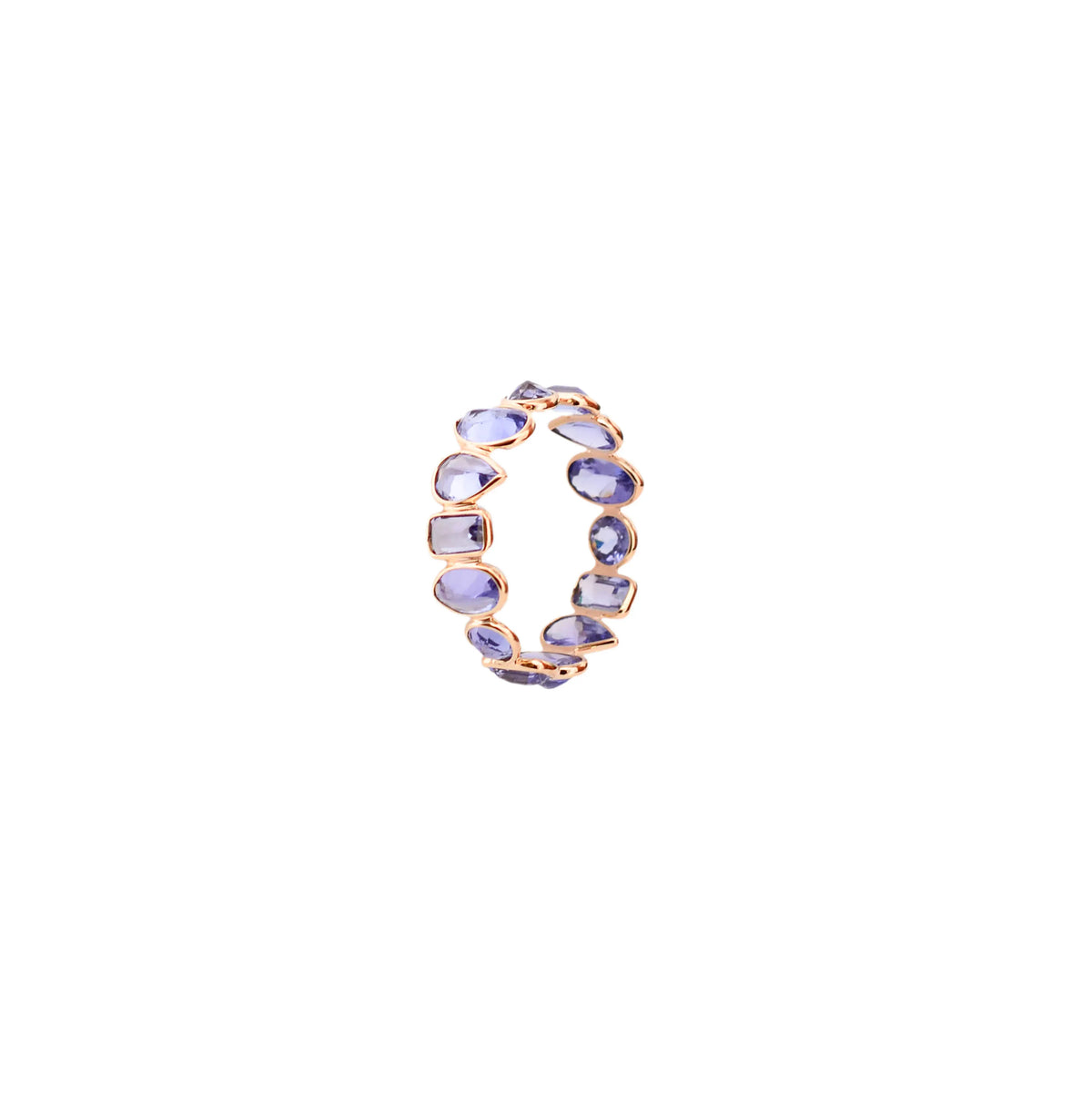 18K gold eternity ring with mixed-cut tanzanite stones in a mosaic pattern
