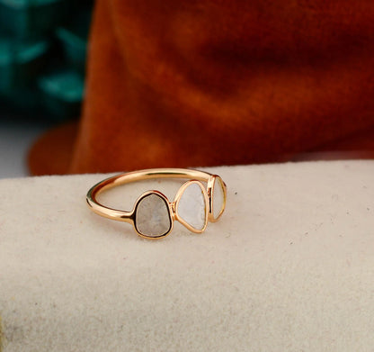 18K gold ring with three bezel-set diamond polki slices