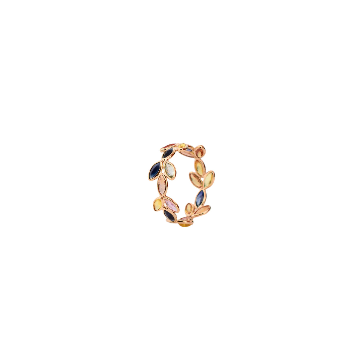 18K gold ring with marquise-cut rainbow sapphires in a leaf and vine motif