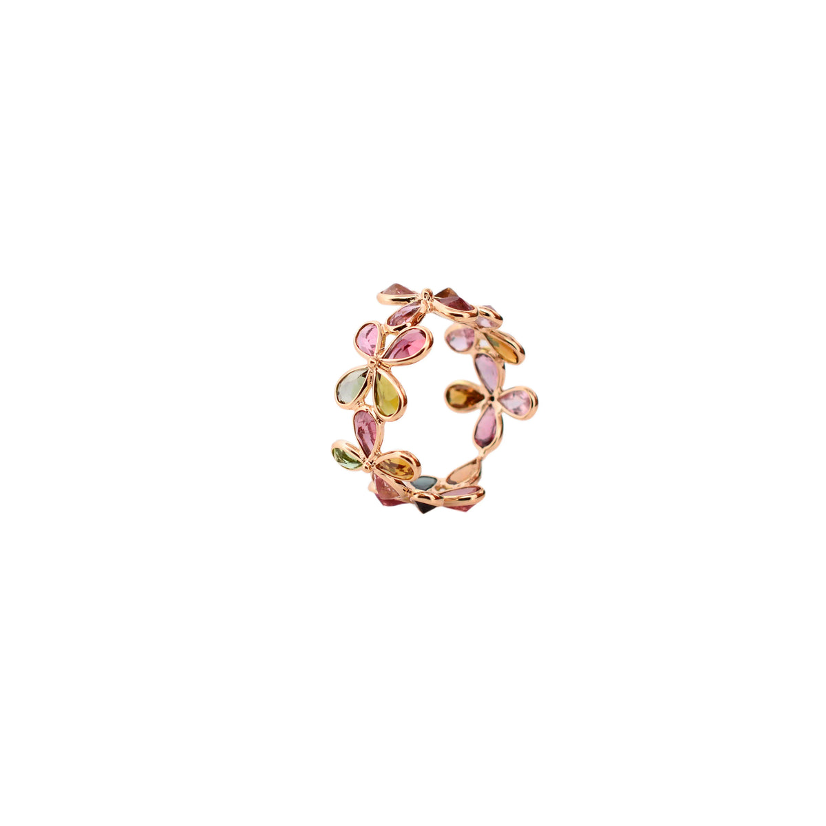 18K gold ring with pear-cut multicolor tourmaline in a floral cluster design