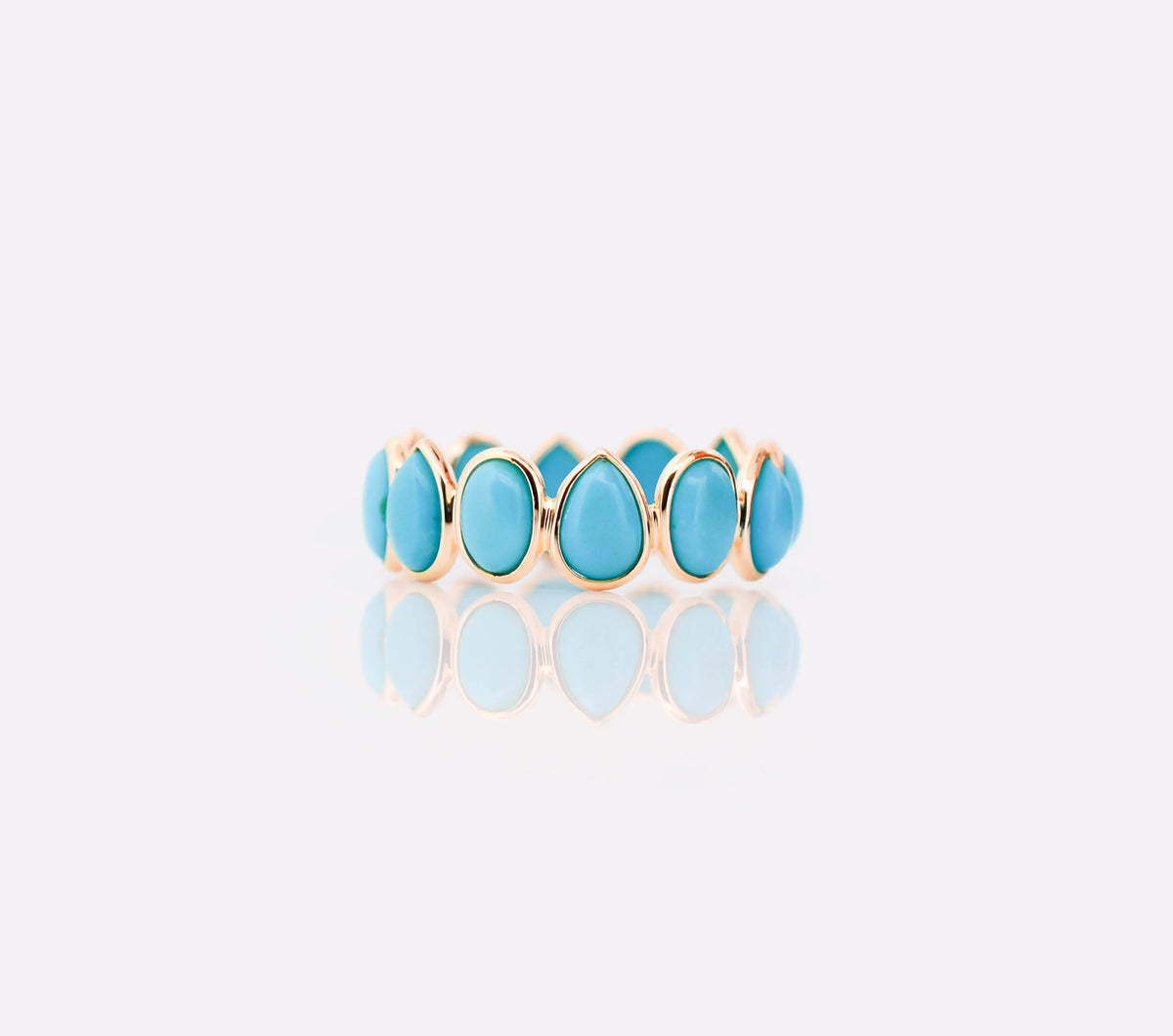 18K gold eternity ring with bezel-set pear and oval turquoise cabochons