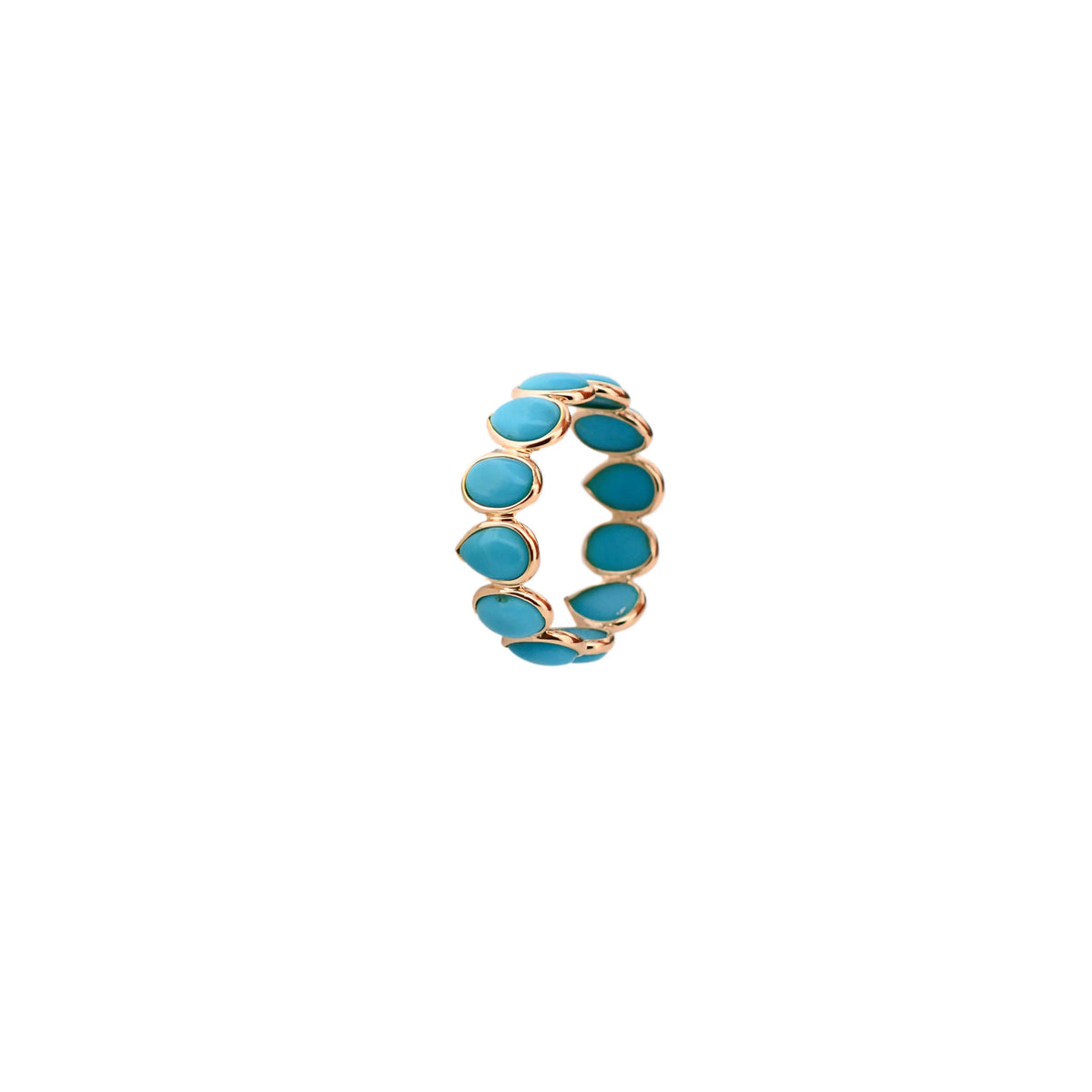 18K gold eternity ring with bezel-set pear and oval turquoise cabochons