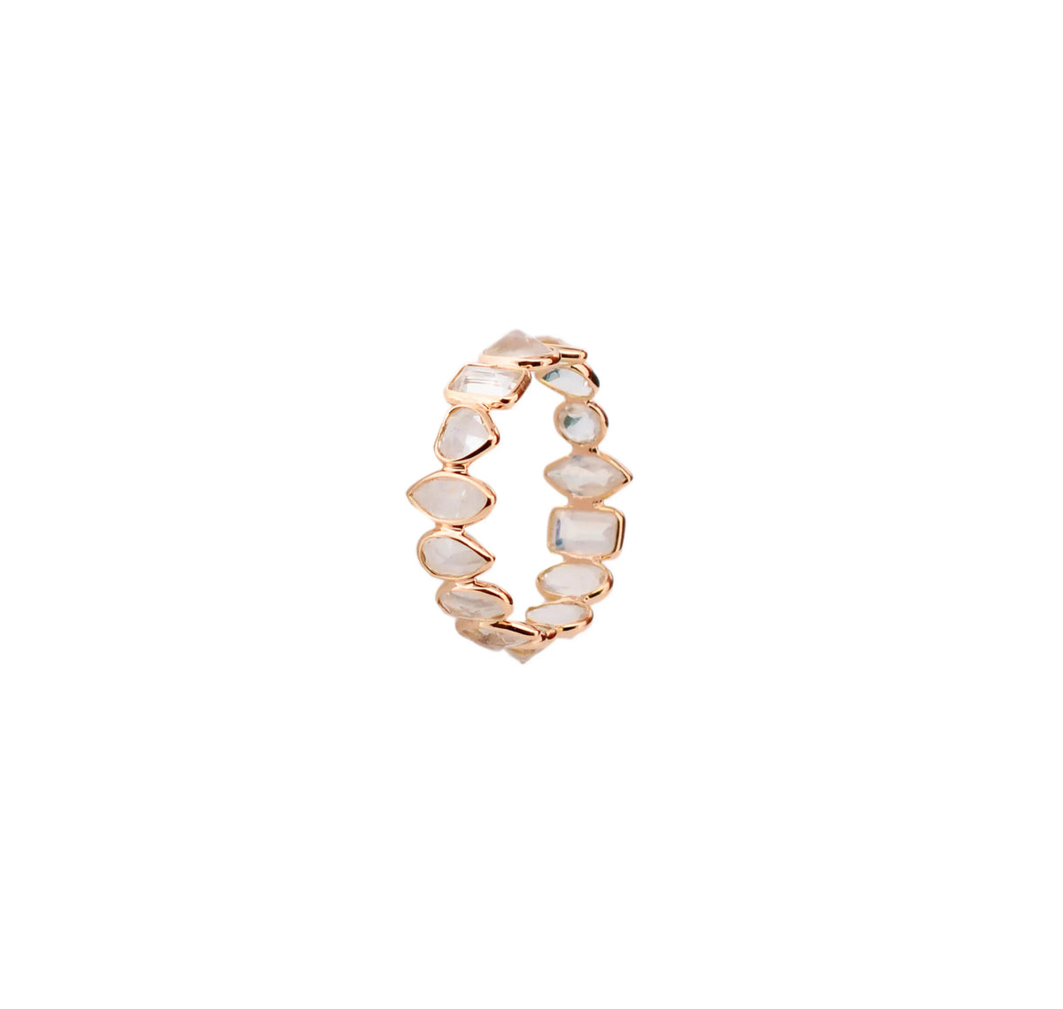 18K gold eternity ring with mixed-cut rainbow moonstone stones