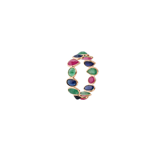 18K gold eternity ring with mixed sapphire, emerald, and ruby gemstones