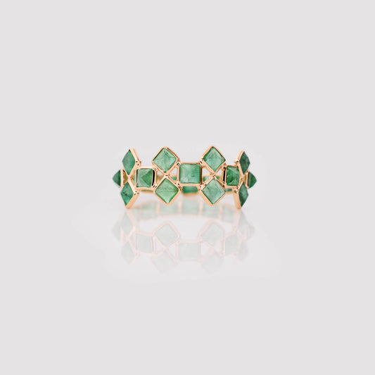 18K gold eternity ring with square-cut emeralds in a checkerboard lattice pattern