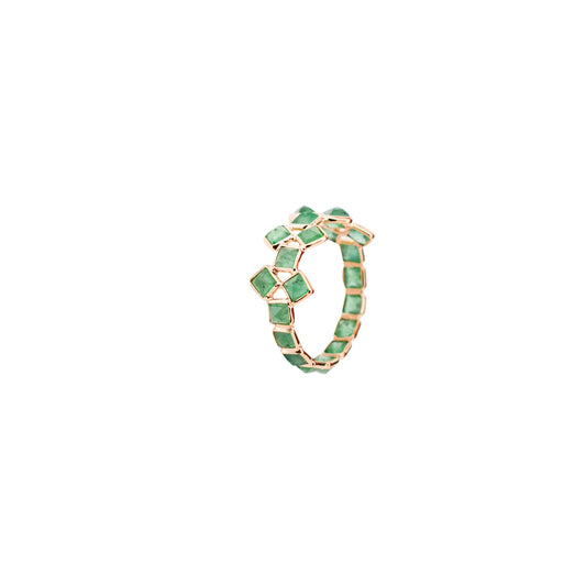 18K gold eternity ring with square-cut emeralds in a checkerboard lattice pattern