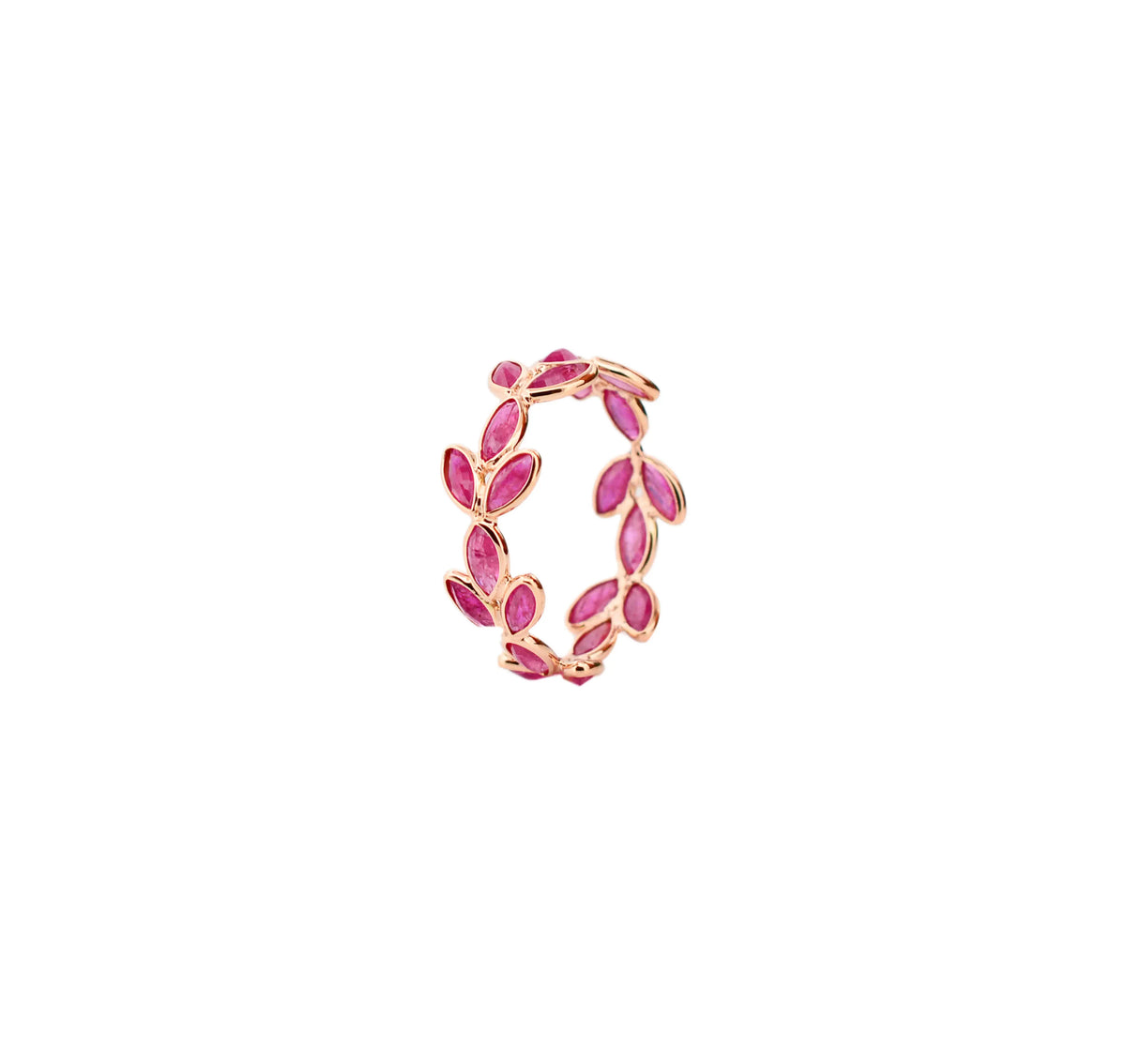 18K gold eternity ring with marquise-cut rubies in a floral vine design