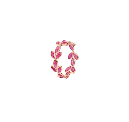 18K gold eternity ring with marquise-cut rubies in a floral vine design