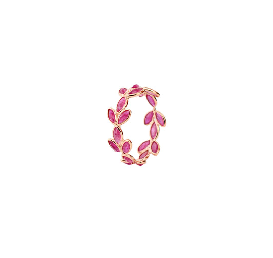 18K gold eternity ring with marquise-cut rubies in a floral vine design