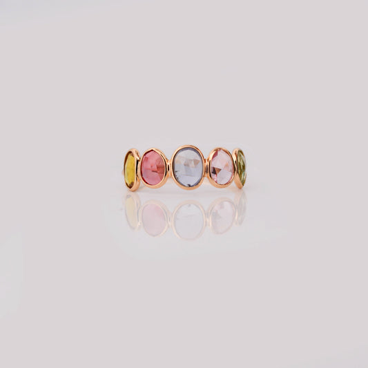 18K gold five stone ring with bezel-set multicolor sapphires