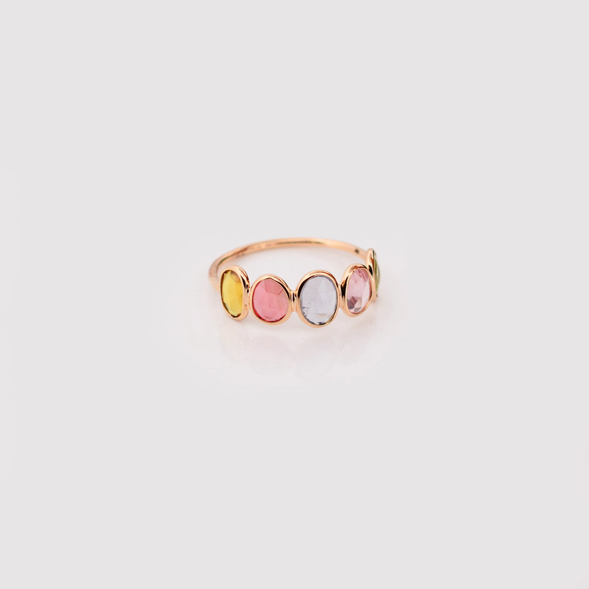18K gold five stone ring with bezel-set multicolor sapphires