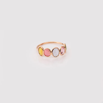 18K gold five stone ring with bezel-set multicolor sapphires