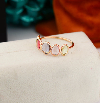 18K gold five stone ring with bezel-set multicolor sapphires