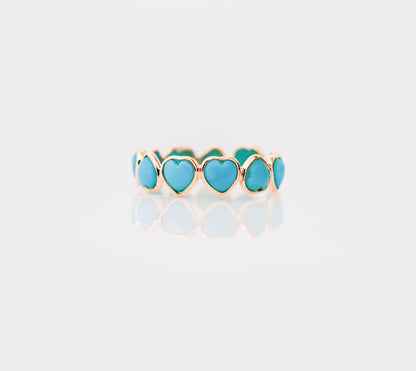18K gold eternity ring with heart-shaped turquoise cabochon stones