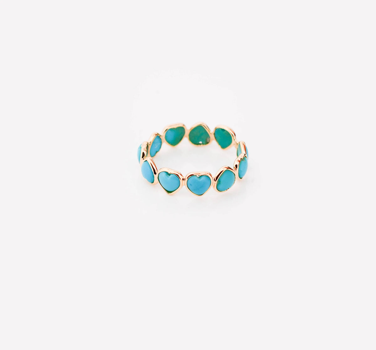 18K gold eternity ring with heart-shaped turquoise cabochon stones