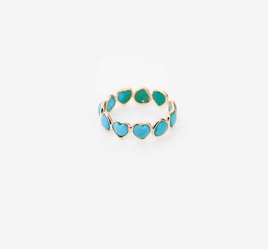 18K gold eternity ring with heart-shaped turquoise cabochon stones