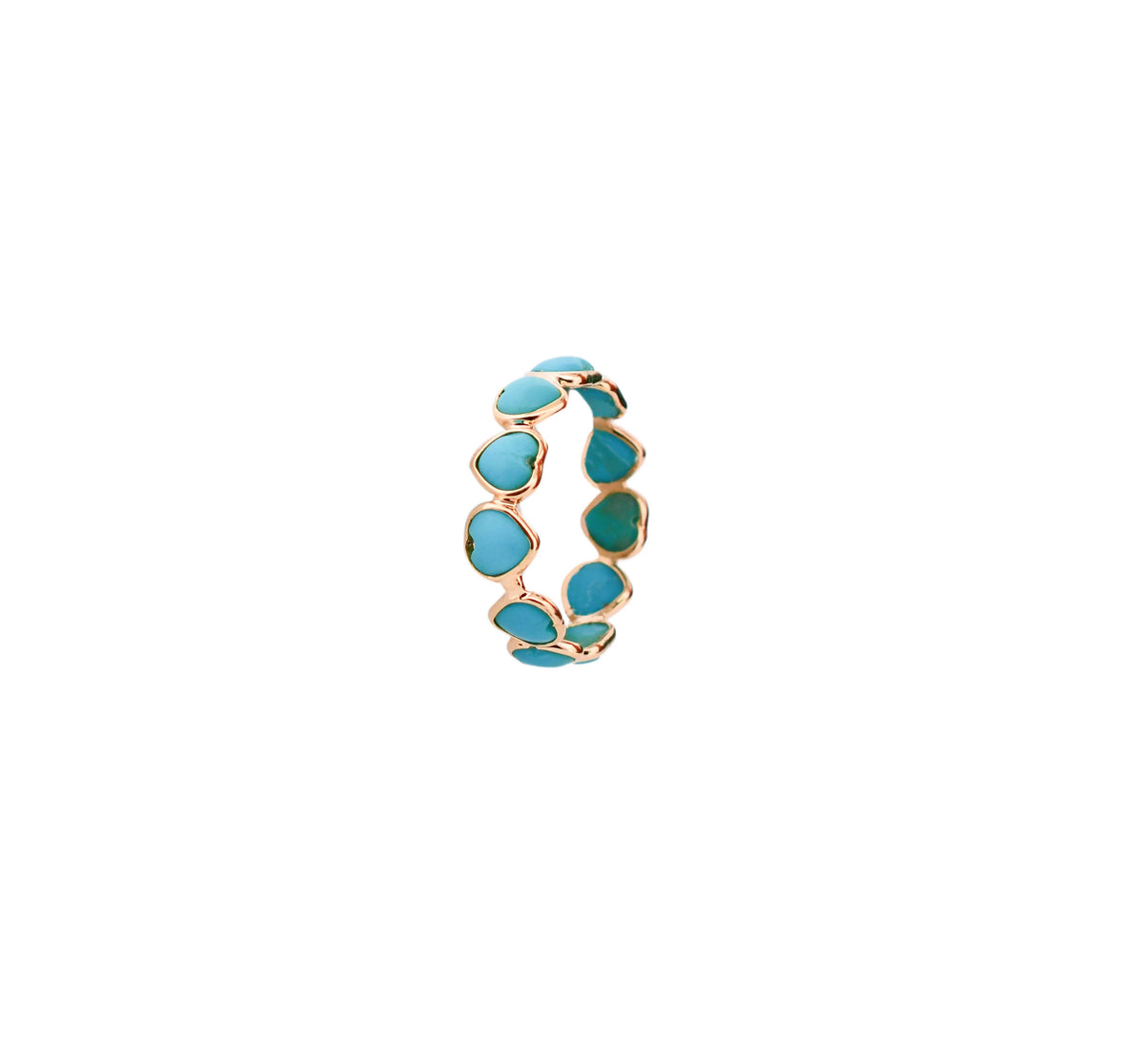 18K gold eternity ring with heart-shaped turquoise cabochon stones