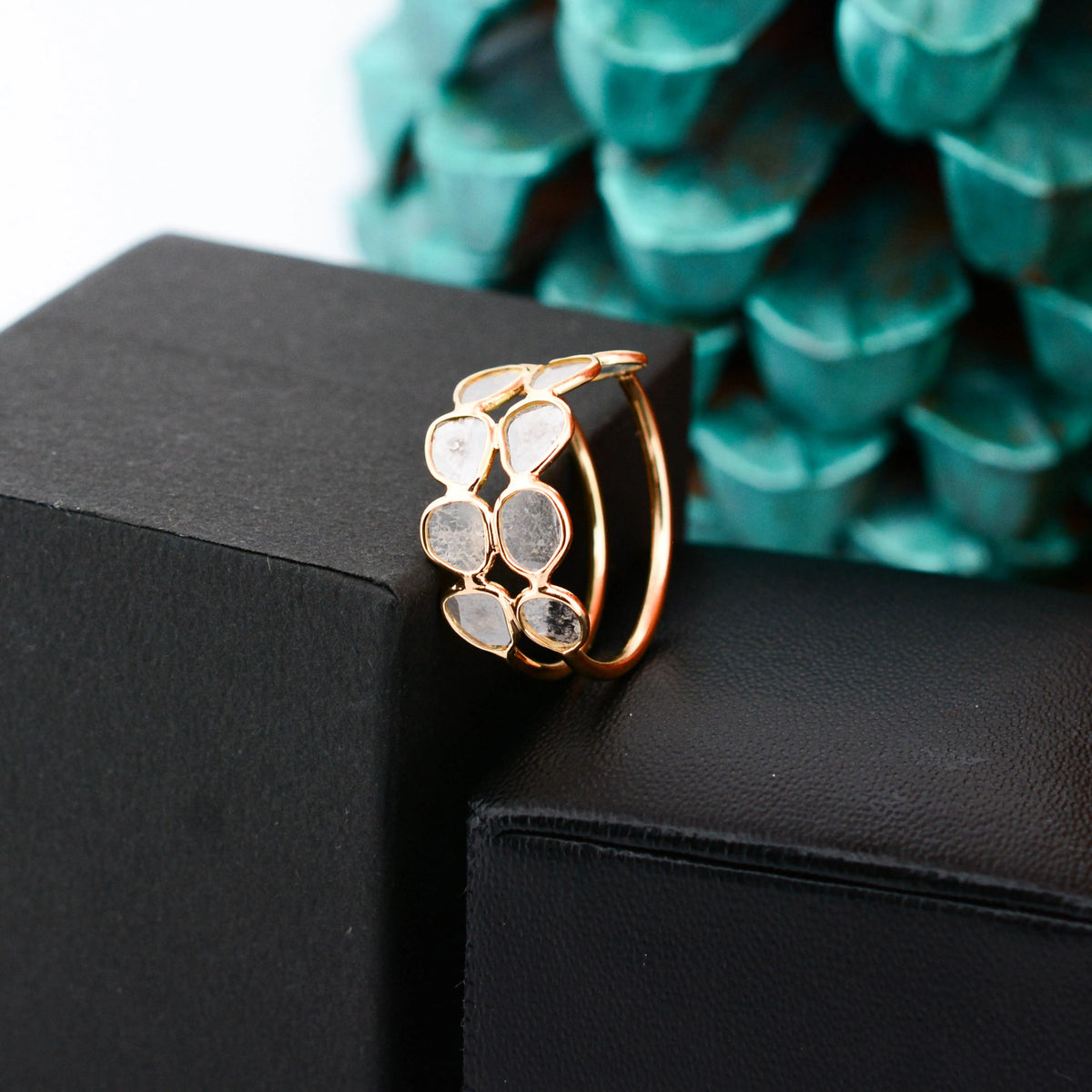 18K gold double row ring set with irregular diamond polki slices