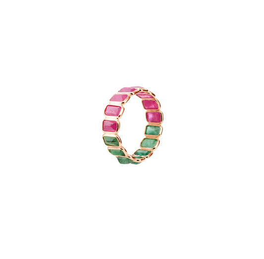 18K gold eternity ring with emerald-cut emerald and ruby stones in a two-tone design