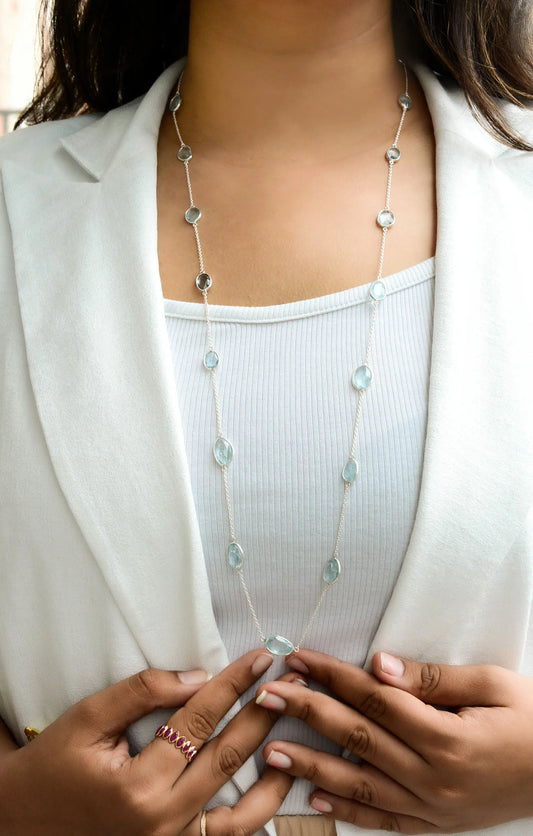 Natural Aquamarine Bezel Chain Necklace in Silver – Handmade Statement Gemstone Jewelry