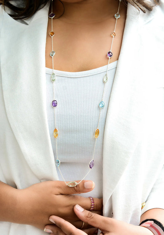Genuine Multi Gemstone Bezel Chain Necklace in Silver – Handmade Statement Rainbow Jewelry