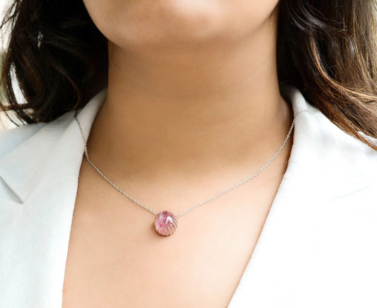 Natural Pink Tourmaline Cabochon Pendant Necklace in Silver – Handmade Statement Gemstone Jewelry