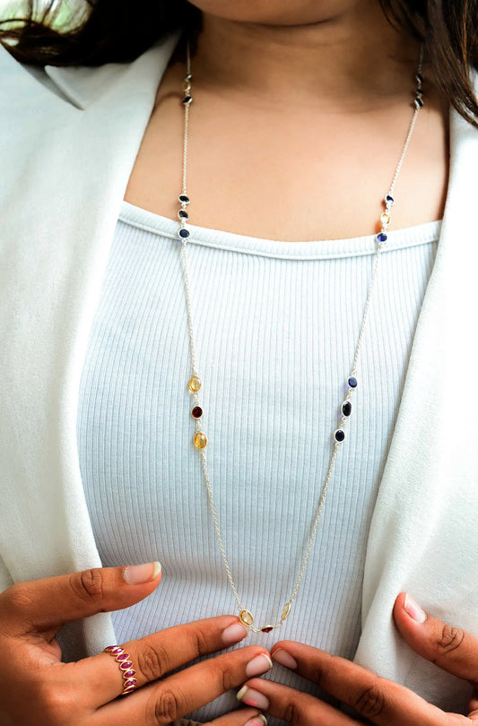 Genuine Citrine Garnet Iolite Multi Gemstone Necklace in Silver – Handmade Statement Jewelry