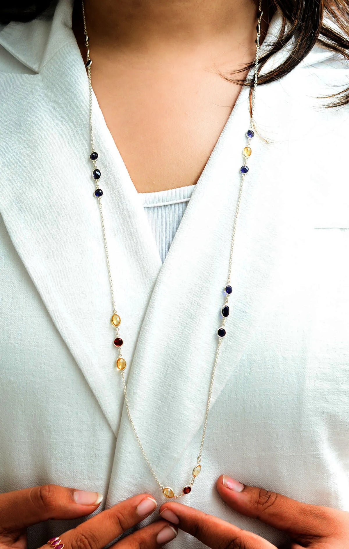 Genuine Citrine Garnet Iolite Multi Gemstone Necklace in Silver – Handmade Statement Jewelry
