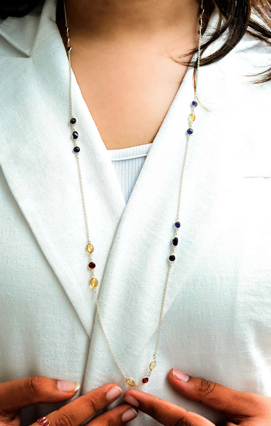 Genuine Citrine Garnet Iolite Multi Gemstone Necklace in Silver – Handmade Statement Jewelry