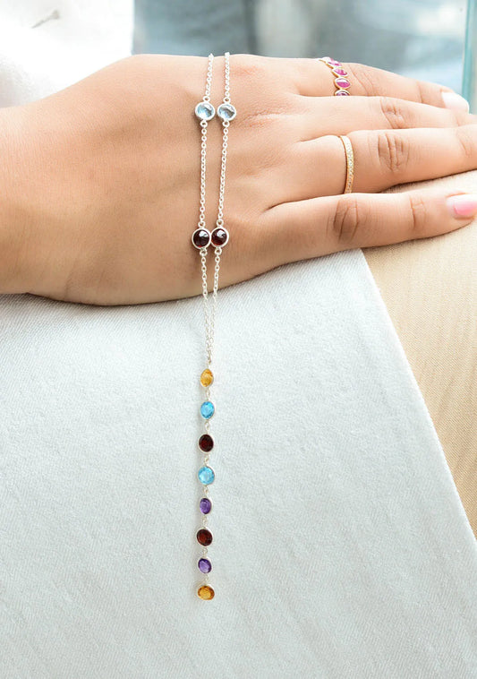 Genuine Multi Gemstone Cluster Chain Necklace in Silver – Handmade Colorful Statement Jewelry
