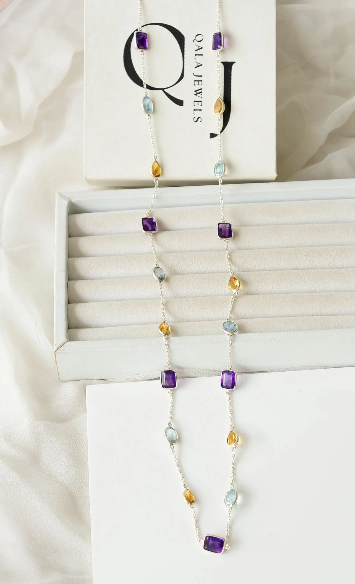 Multi Gemstone Bezel Chain Necklace in Silver – Purple, Blue & Gold Statement Jewelry