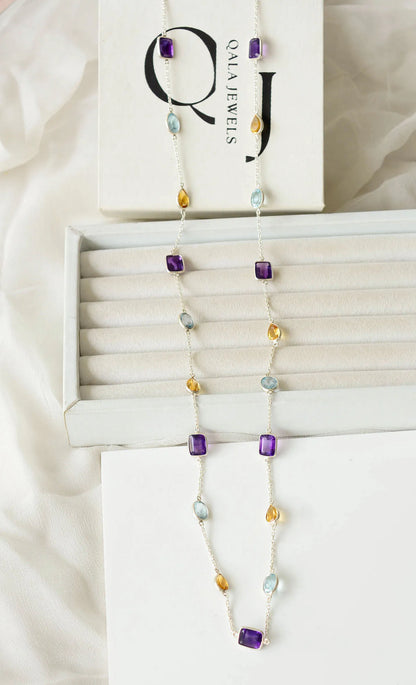 Multi Gemstone Bezel Chain Necklace in Silver – Purple, Blue & Gold Statement Jewelry
