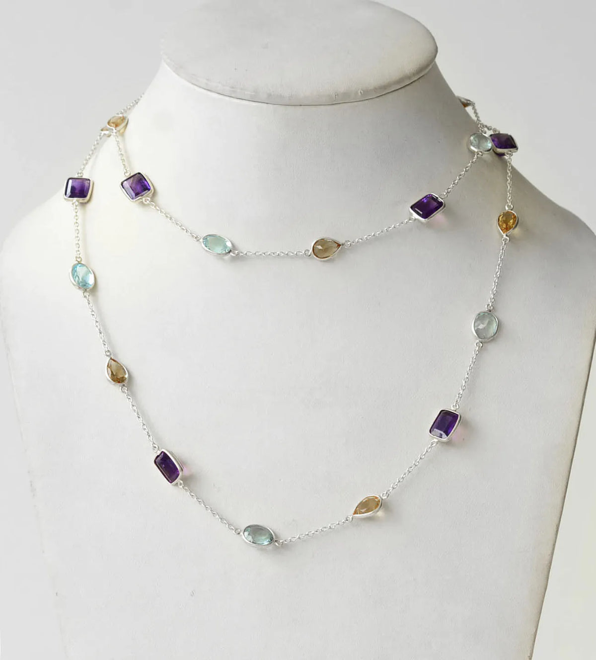 Multi Gemstone Bezel Chain Necklace in Silver – Purple, Blue & Gold Statement Jewelry