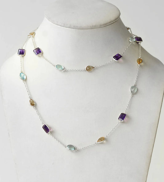 Multi Gemstone Bezel Chain Necklace in Silver – Purple, Blue & Gold Statement Jewelry