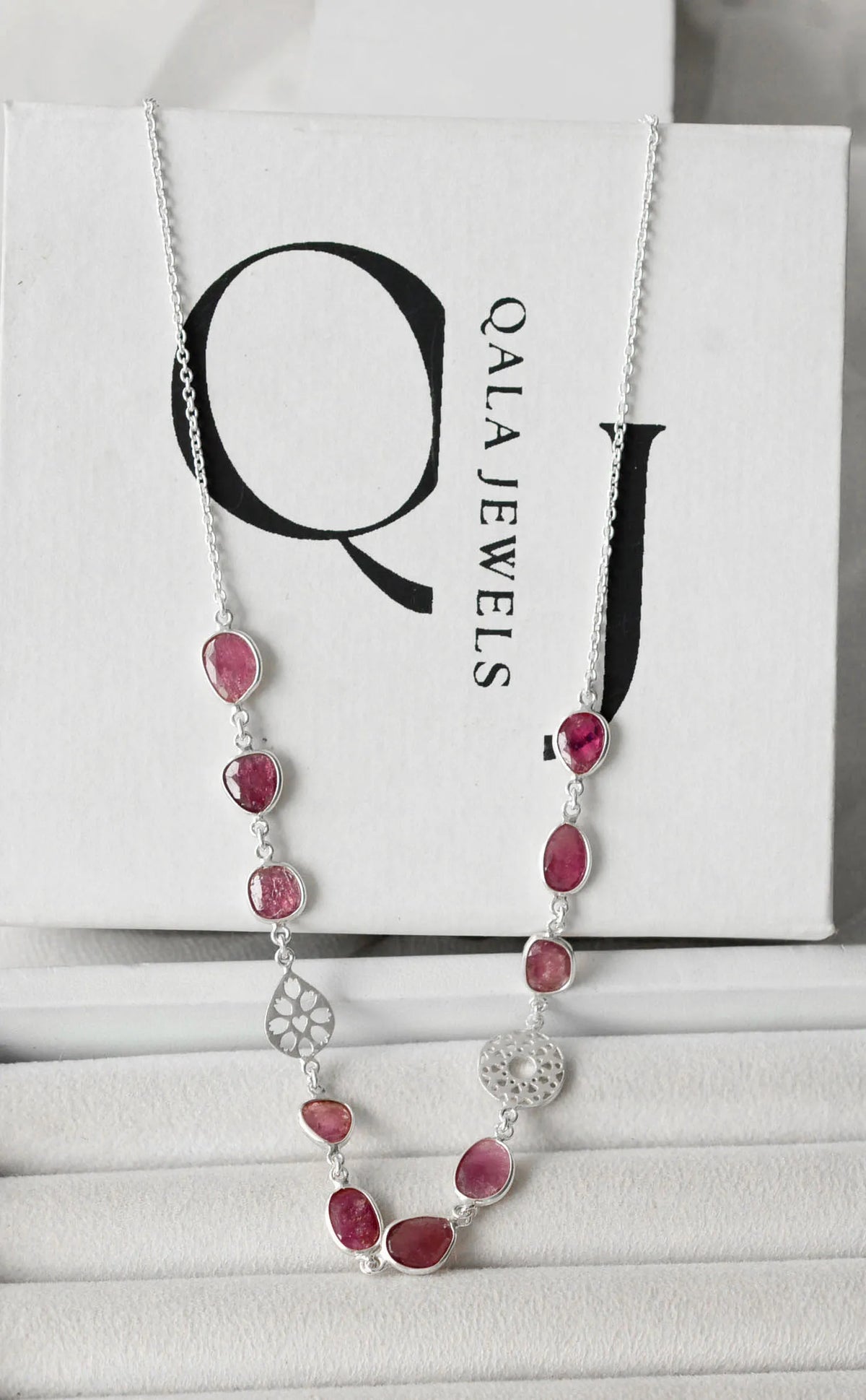 Natural Ruby Station Necklace in Silver – Handmade Medallion Charm Statement Jewelry