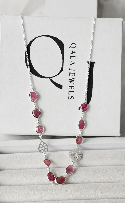 Natural Ruby Station Necklace in Silver – Handmade Medallion Charm Statement Jewelry
