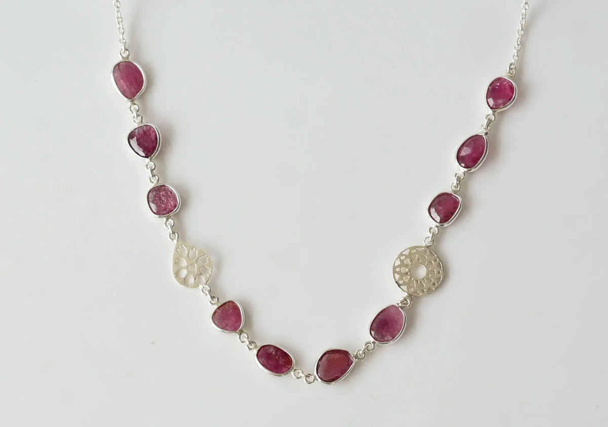 Natural Ruby Station Necklace in Silver – Handmade Medallion Charm Statement Jewelry