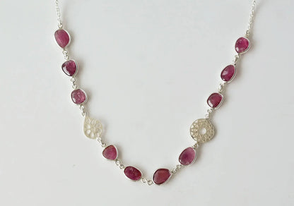 Natural Ruby Station Necklace in Silver – Handmade Medallion Charm Statement Jewelry