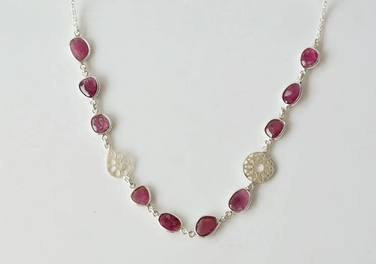 Natural Ruby Station Necklace in Silver – Handmade Medallion Charm Statement Jewelry