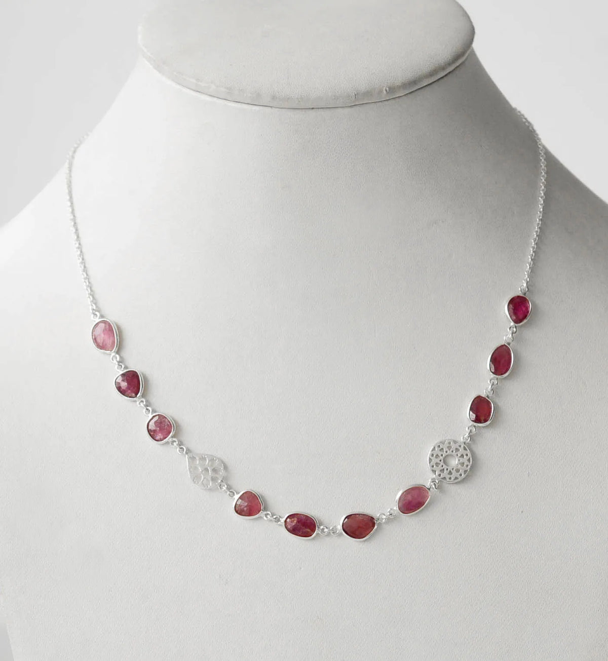 Natural Ruby Station Necklace in Silver – Handmade Medallion Charm Statement Jewelry