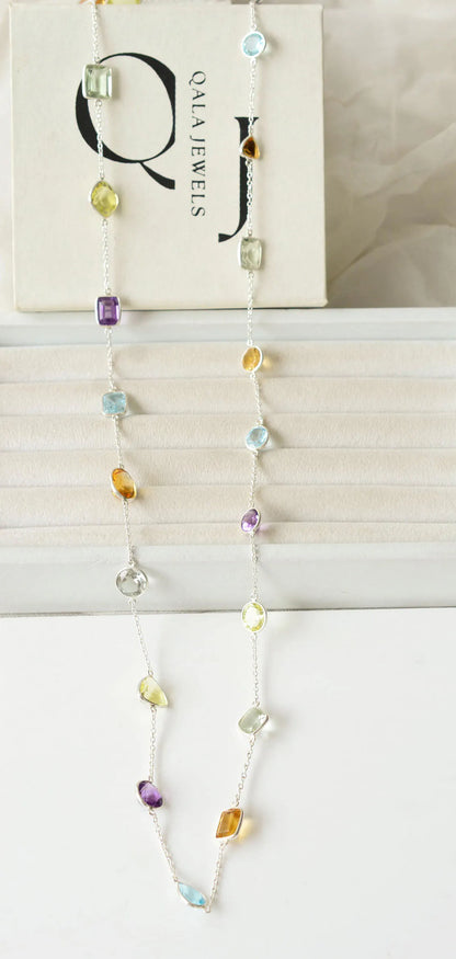 Genuine Multi Gemstone Mixed Shape Bib Necklace in Silver – Handmade Rainbow Statement Jewelry