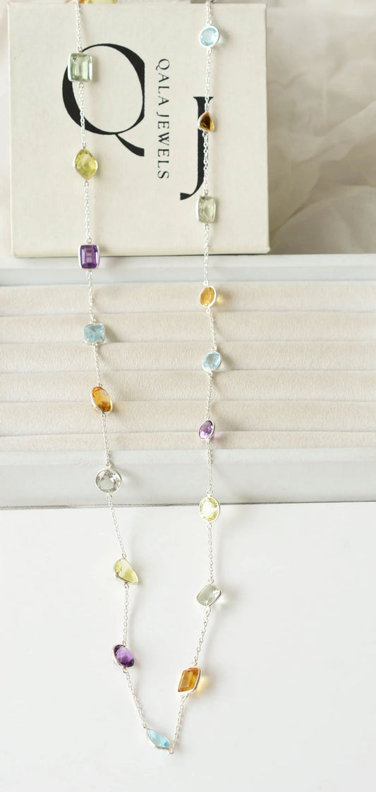 Genuine Multi Gemstone Mixed Shape Bib Necklace in Silver – Handmade Rainbow Statement Jewelry
