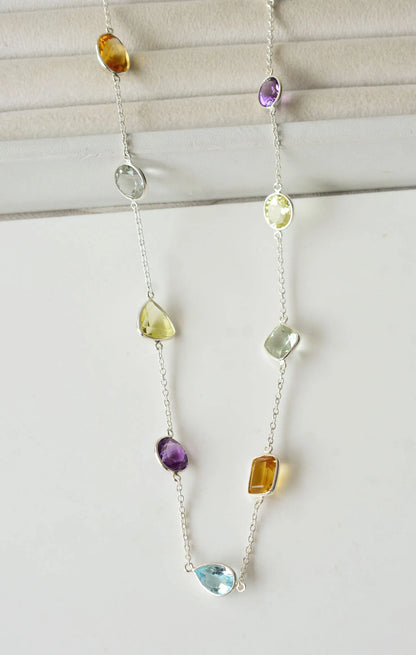 Genuine Multi Gemstone Mixed Shape Bib Necklace in Silver – Handmade Rainbow Statement Jewelry