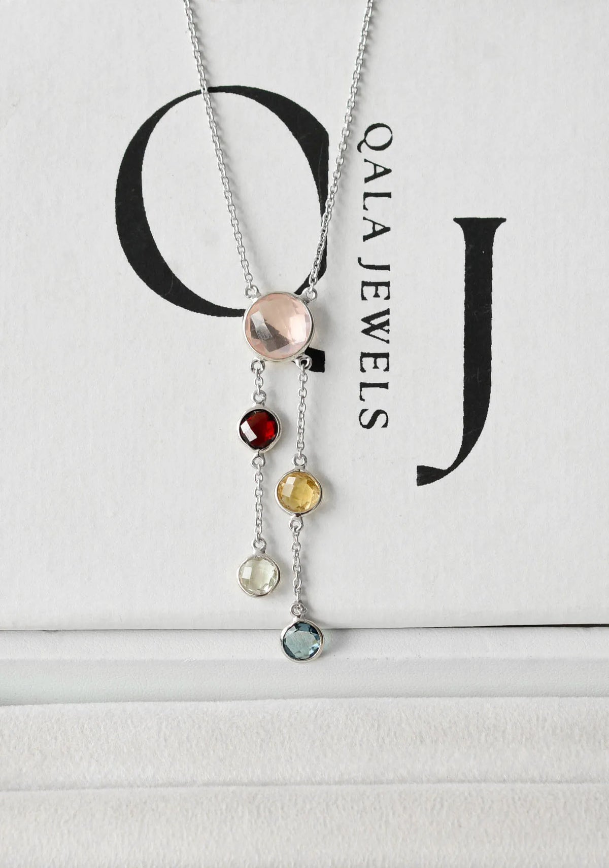 Rose Quartz Multi Gemstone Bezel Set Necklace in Silver – Handmade Statement Chain Jewelry