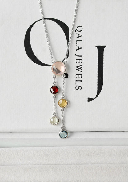 Rose Quartz Multi Gemstone Bezel Set Necklace in Silver – Handmade Statement Chain Jewelry