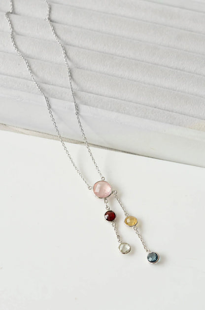 Rose Quartz Multi Gemstone Bezel Set Necklace in Silver – Handmade Statement Chain Jewelry