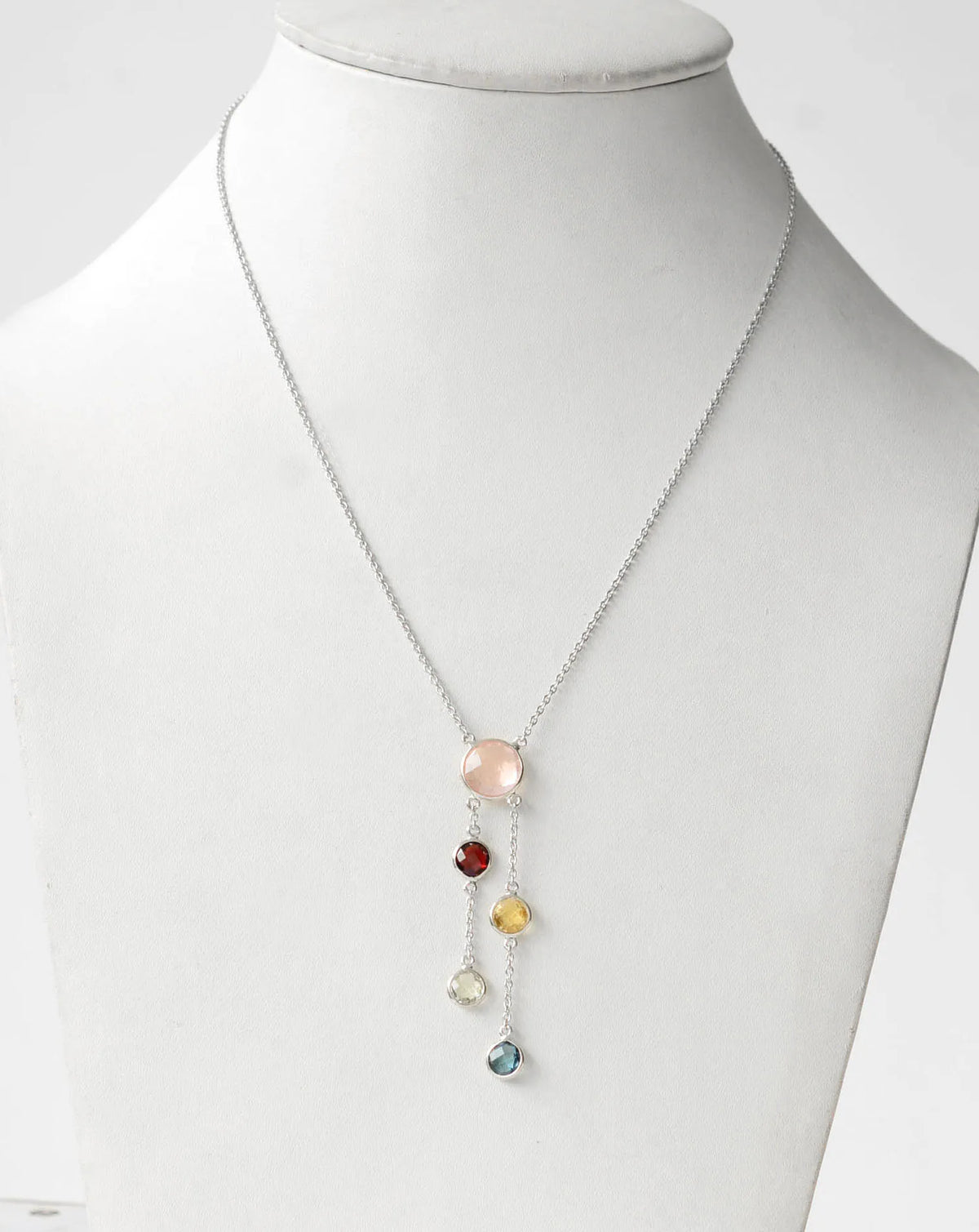 Rose Quartz Multi Gemstone Bezel Set Necklace in Silver – Handmade Statement Chain Jewelry