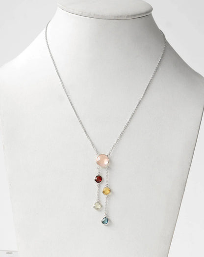 Rose Quartz Multi Gemstone Bezel Set Necklace in Silver – Handmade Statement Chain Jewelry