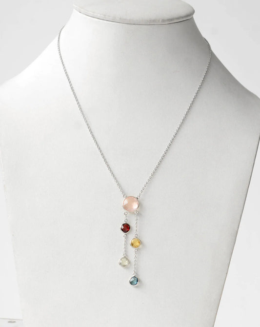Rose Quartz Multi Gemstone Bezel Set Necklace in Silver – Handmade Statement Chain Jewelry