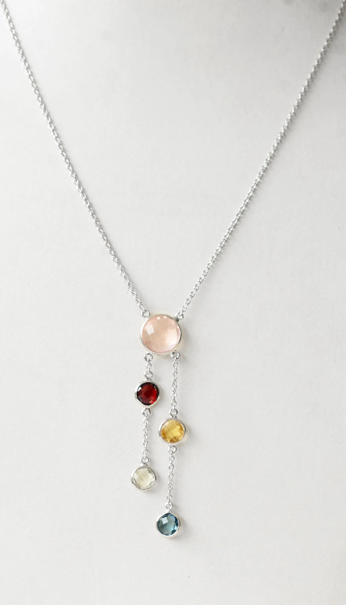 Rose Quartz Multi Gemstone Bezel Set Necklace in Silver – Handmade Statement Chain Jewelry